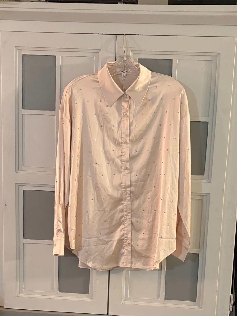 Satin Champagne Colored Button-Down Shirt with Rhinestones